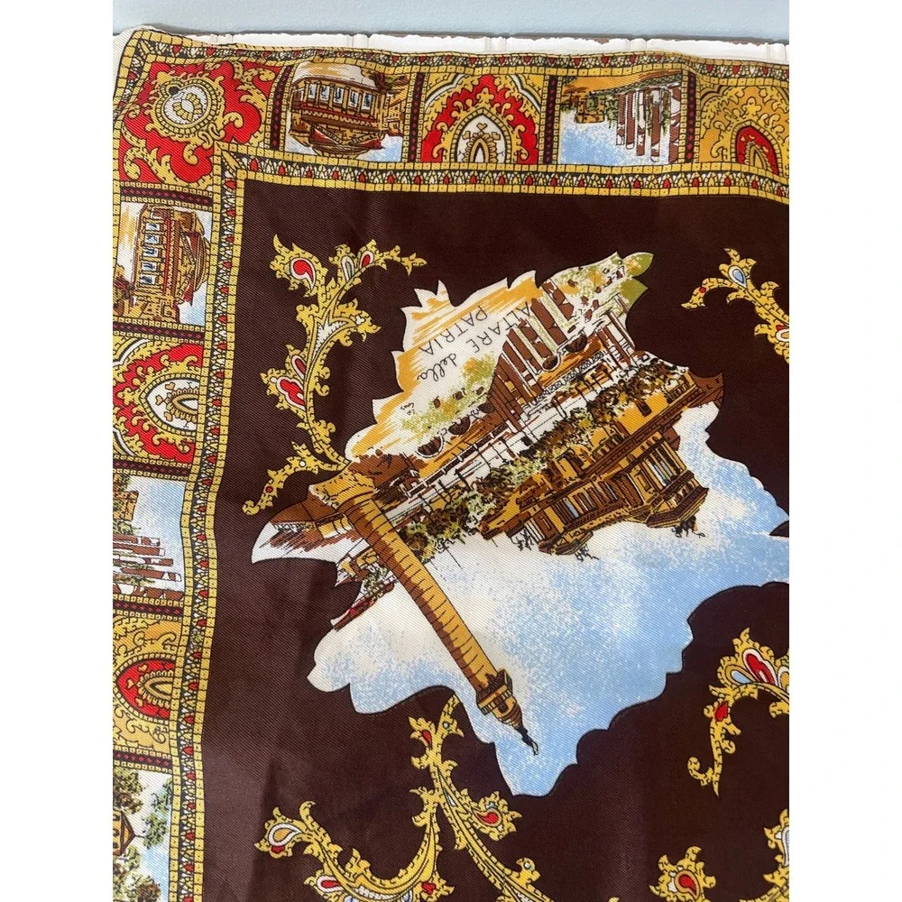 Vintage Roma Italy Souvenir Square Scarf Brown Gold Landmark Print Travel Gift